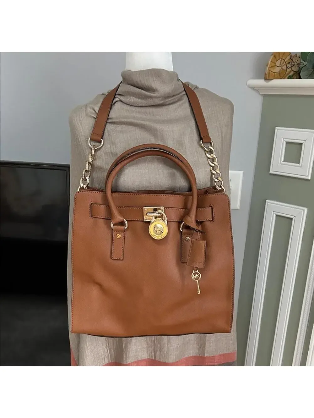 Michael Kors Brown Leather Hamilton Satchel with Gold Details